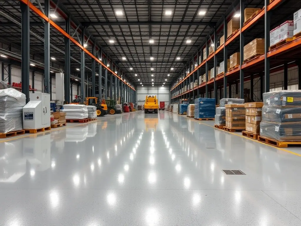 A spacious warehouse with a seamless, light gray epoxy floor, highlighting its durability, ease of maintenance, and suitability for heavy machinery and foot traffic.
