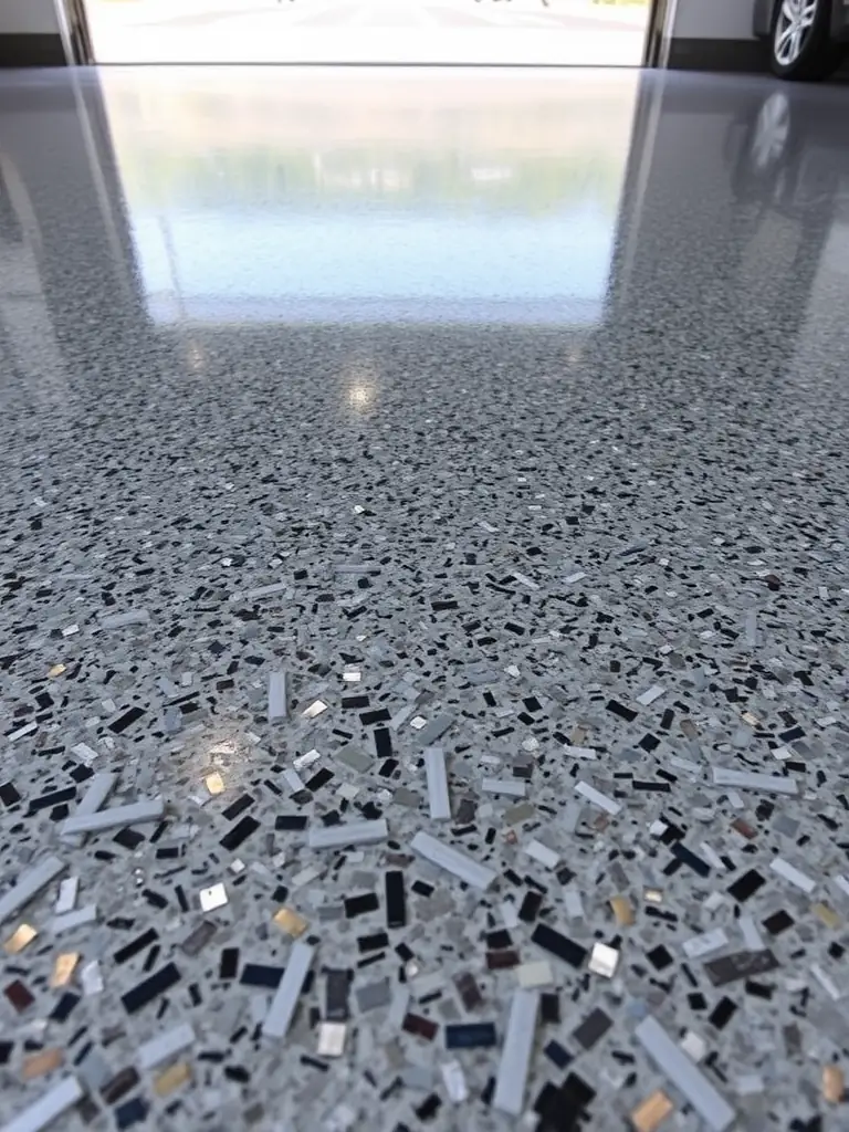 A close-up shot of a newly installed flake epoxy floor in a residential garage, showcasing the vibrant color blend and seamless finish.