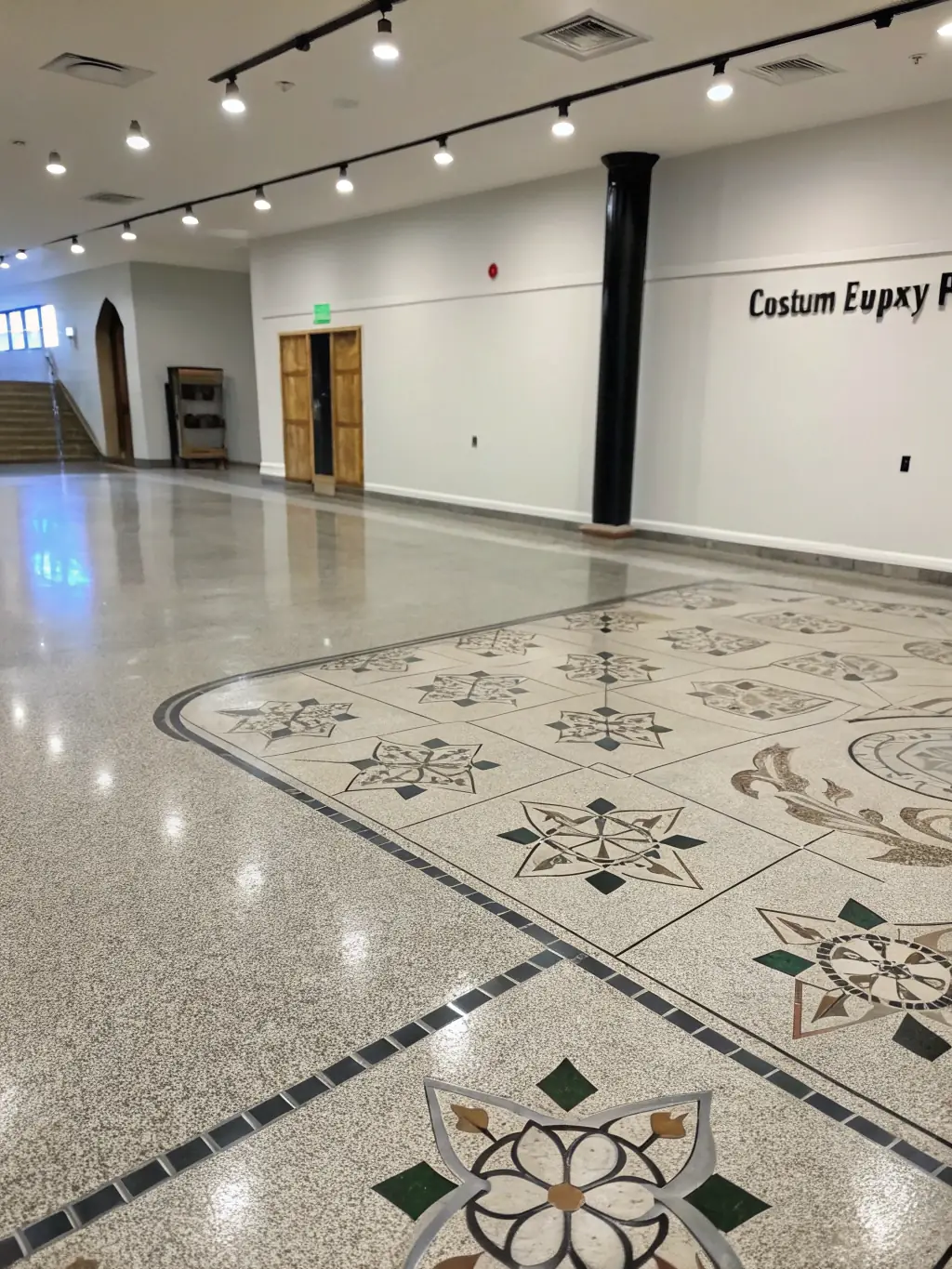 An image of a gym floor coated with a dark, slip-resistant flake epoxy, emphasizing safety and durability.