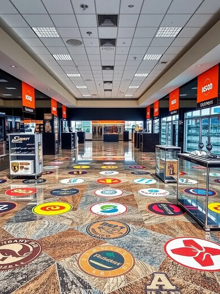 A wide shot of a showroom floor featuring a custom-designed metallic epoxy finish, showcasing its unique color scheme and high-gloss appearance.