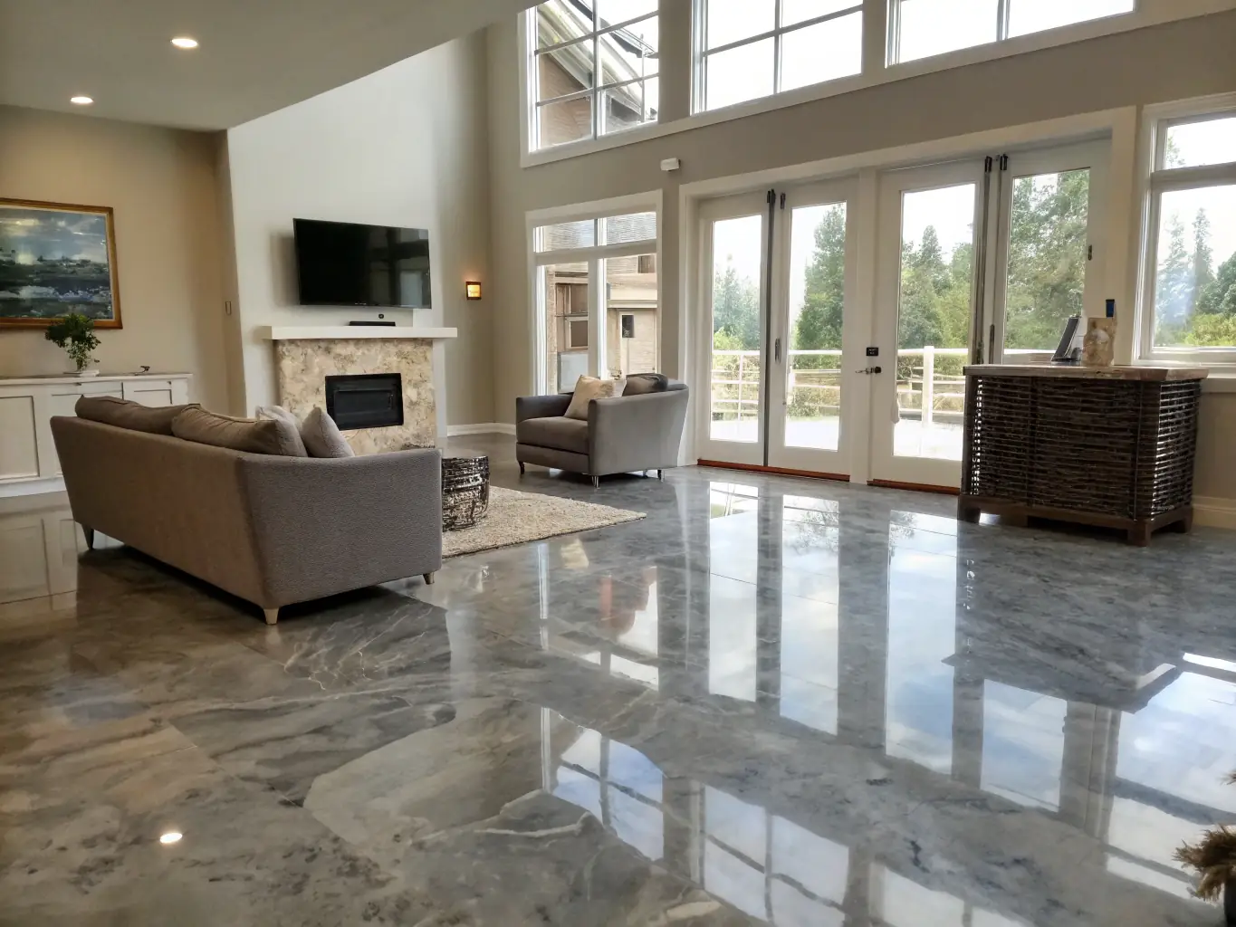 A high-angle shot of a metallic epoxy floor in a residential living room, featuring a swirling, galaxy-like design with shades of blue, silver, and black. The floor reflects the natural light, creating a sense of depth and luxury.