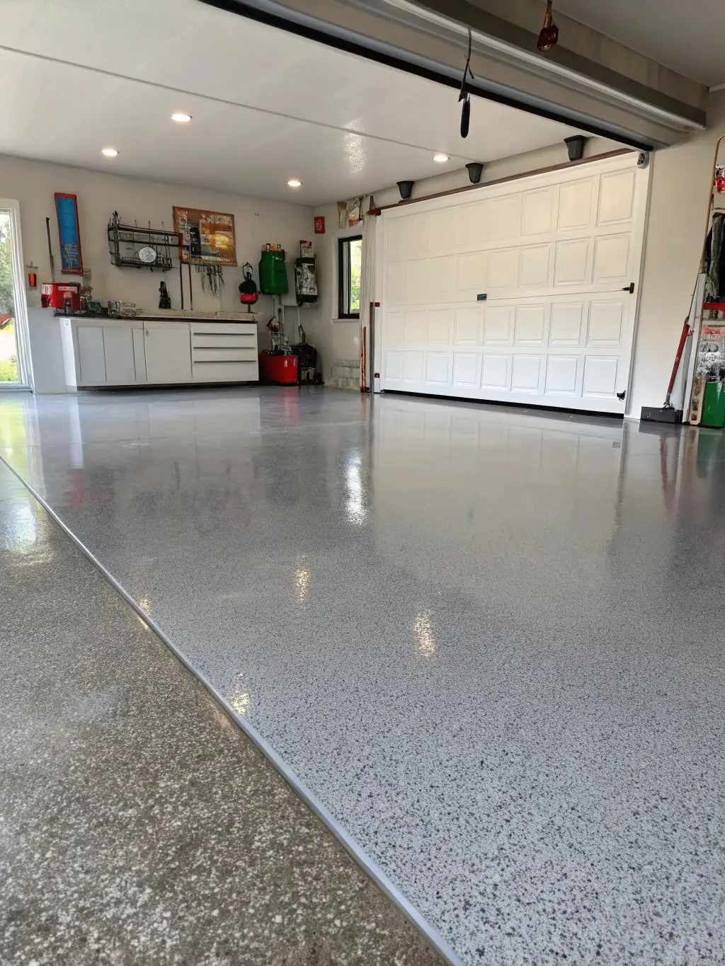 A high-angle, close-up shot of a seamless flake epoxy floor in a residential garage, showcasing its smooth, non-porous surface and resistance to stains from spilled motor oil.