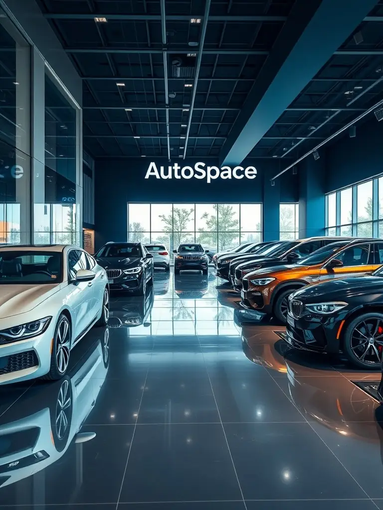 A high-end showroom with a glossy metallic epoxy floor, displaying luxury cars and attracting customers with its sleek and modern appearance.