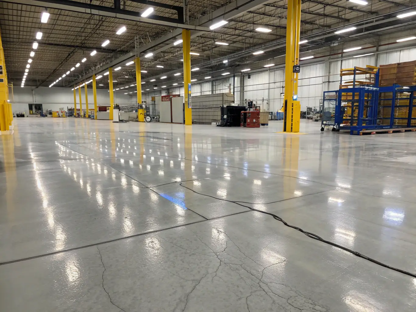 A wide shot of an industrial warehouse floor coated with a durable epoxy finish, showcasing its seamless surface, high-gloss sheen, and resistance to heavy machinery and foot traffic.