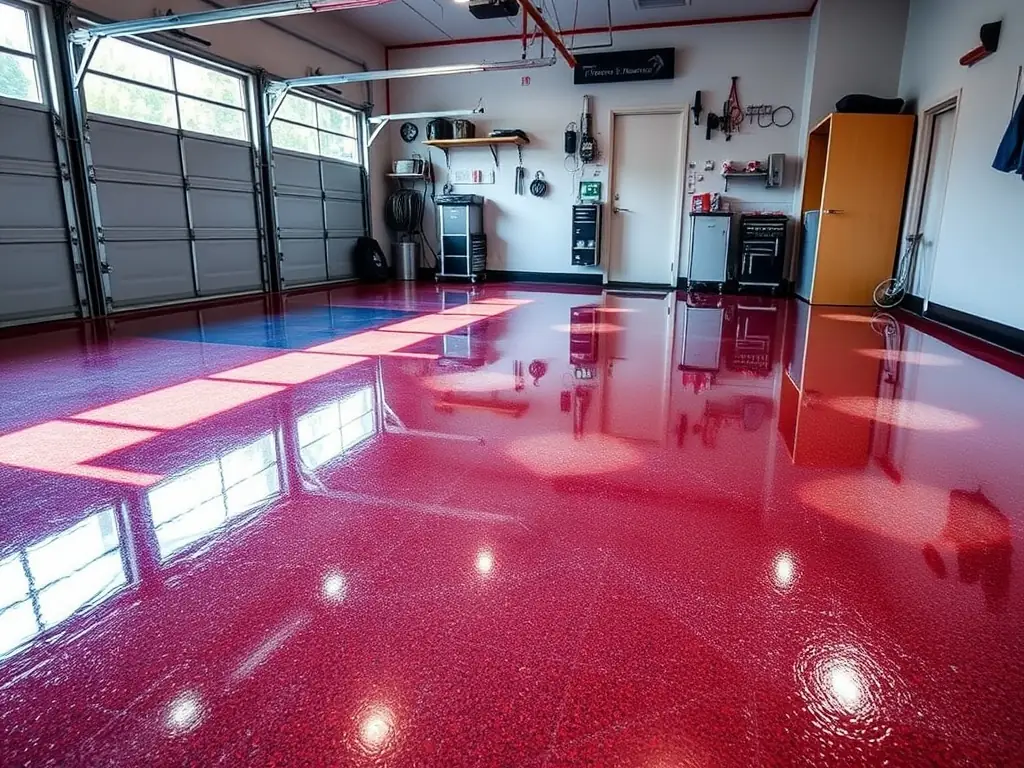 A clean and organized residential garage featuring a light gray epoxy floor with subtle flake accents, showcasing its durability and aesthetic appeal.