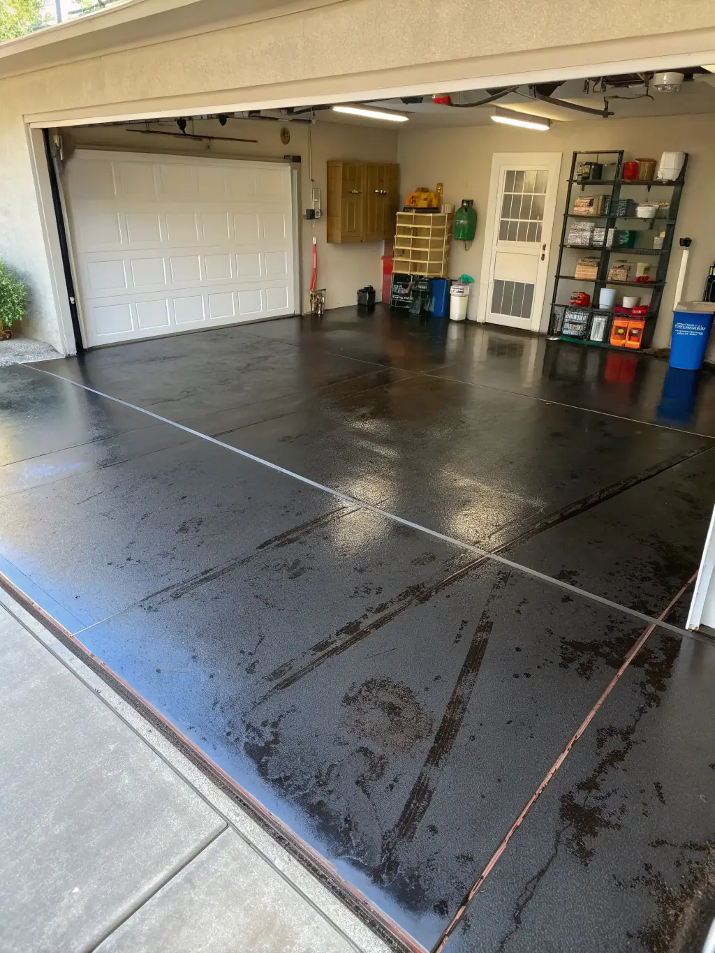 A residential garage with a newly installed flake epoxy floor, showcasing a clean and organized space with tools and equipment neatly arranged.