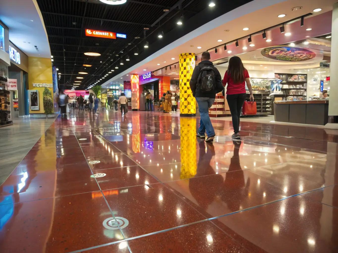 A close-up shot of a metallic epoxy floor in a commercial showroom, showcasing a high-gloss finish with intricate, flowing patterns in gold and bronze. The floor enhances the display of luxury products, creating an upscale atmosphere.