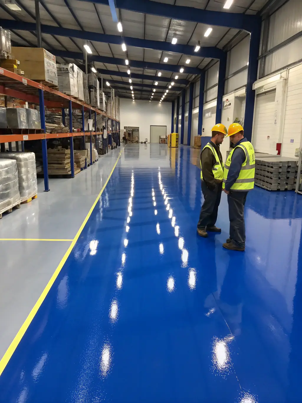 A large warehouse with a durable epoxy floor, showcasing its resistance to heavy machinery and high-traffic environments.