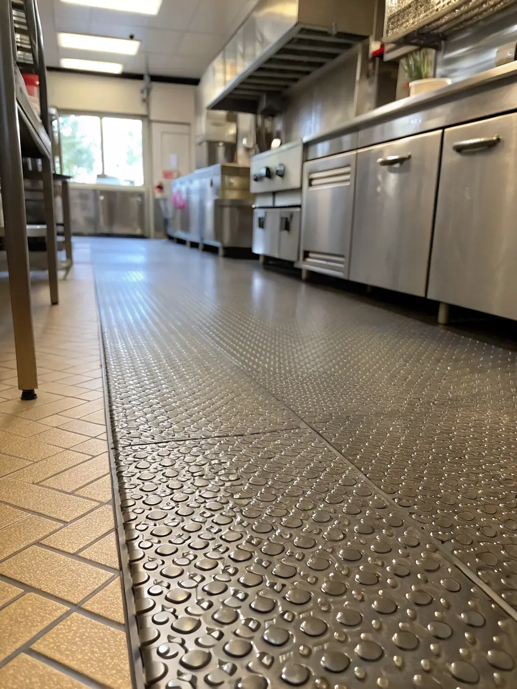 A medium shot of a commercial kitchen floor coated with epoxy, highlighting its slip-resistant texture and chemical-resistant properties against spilled cleaning agents.