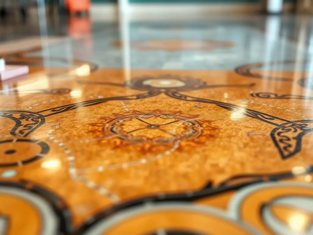A close-up shot of a metallic epoxy floor in a luxury retail showroom, featuring swirling patterns of silver and charcoal, reflecting ambient light and creating a high-end, sophisticated atmosphere.