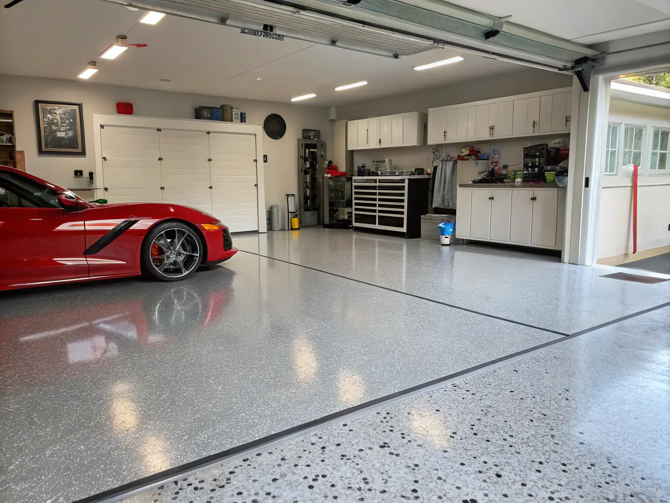 A high-angle shot of a residential garage floor featuring a professionally installed flake epoxy coating in shades of gray and black, showcasing a clean, organized space with tools neatly arranged along the walls.