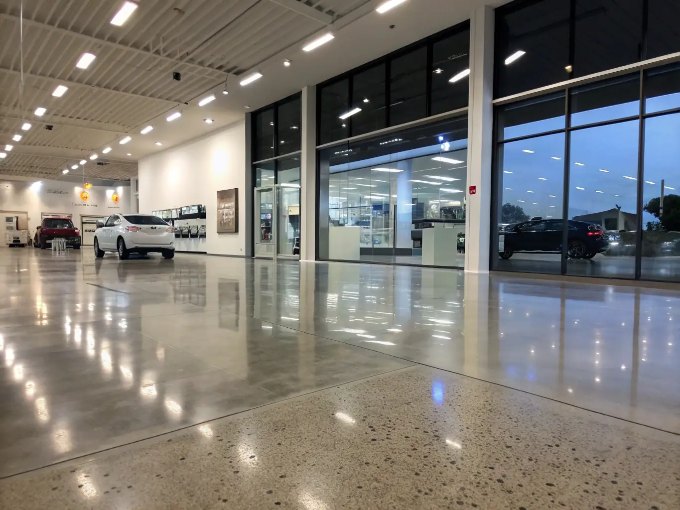 A modern retail showroom with a high-gloss metallic epoxy floor in shades of silver and gray, reflecting the ambient light and creating a luxurious atmosphere.